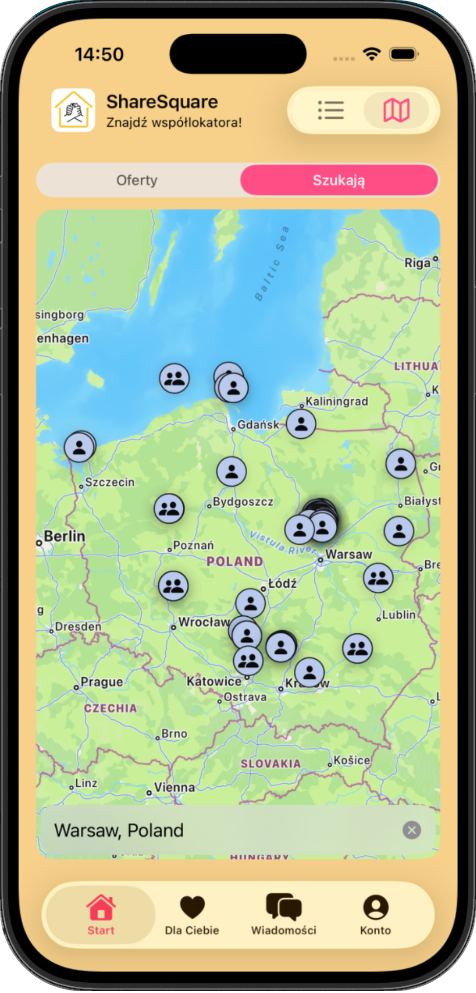 Mapa profili w całej Polsce w aplikacji ShareSquare