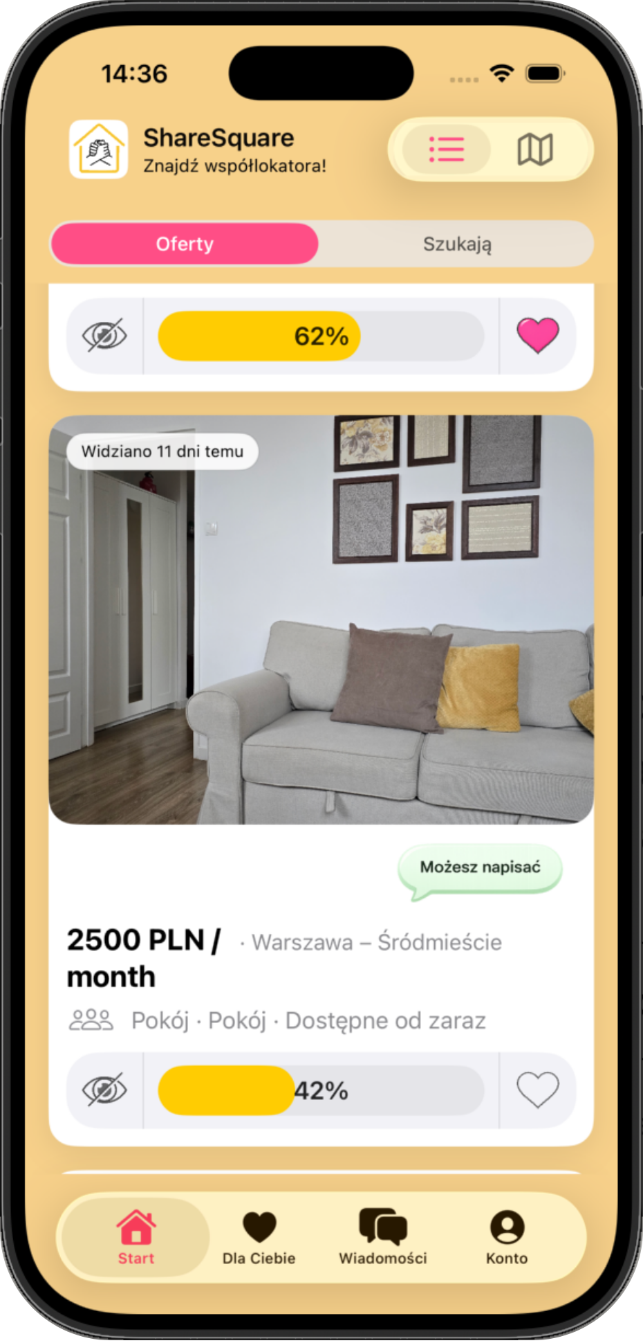 Lista ofert pokoi w ShareSquare